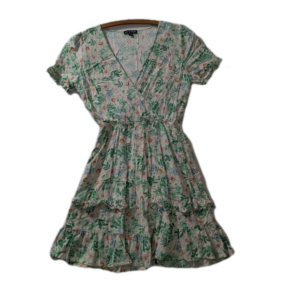 As U Wish Floral Ruffle Mini Dress Green White Daisy Boho Cottagecore‎ M Y2K